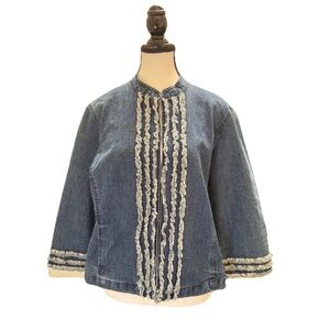 Ruby RD Denim Jacket Fray Ruffle Hook Eye Closure Western Boho 3/4 Sleeves SZ 14